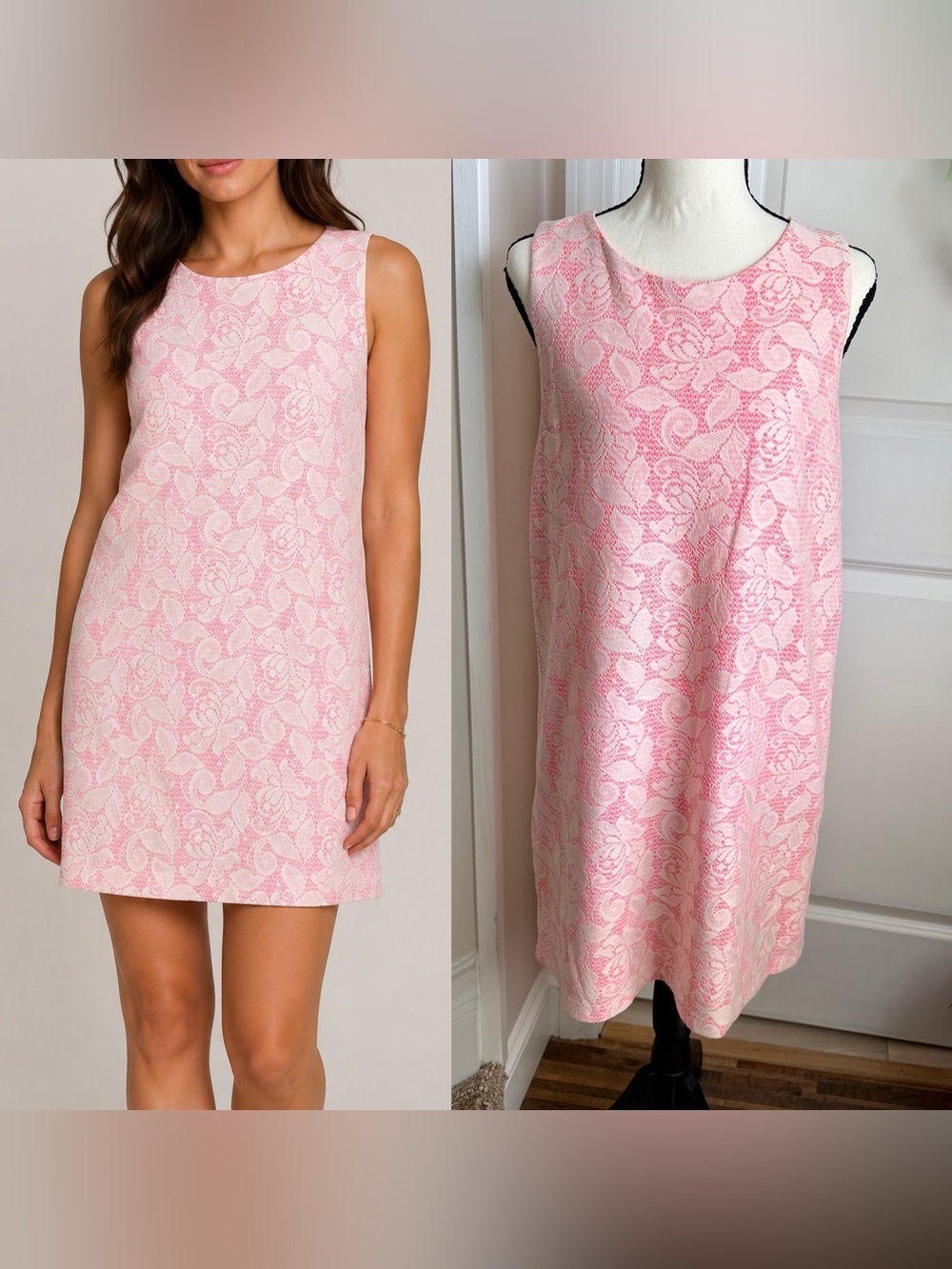 H&M Sleeveless Floral Lace Shift Mini Dress Pink Sz S